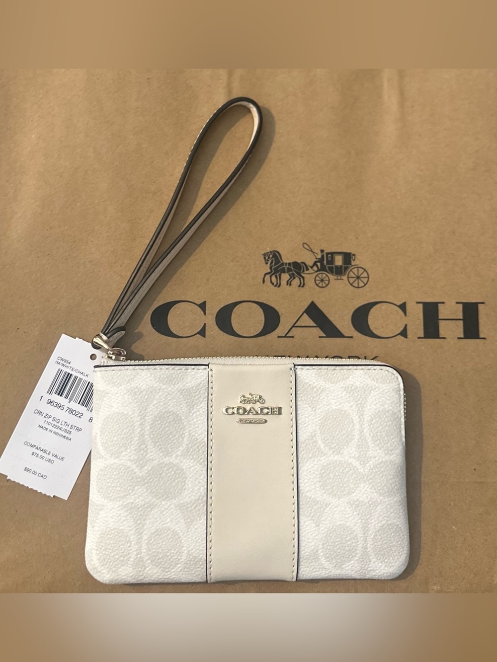 COACH White Signature Wristlet with Center Leather Panel